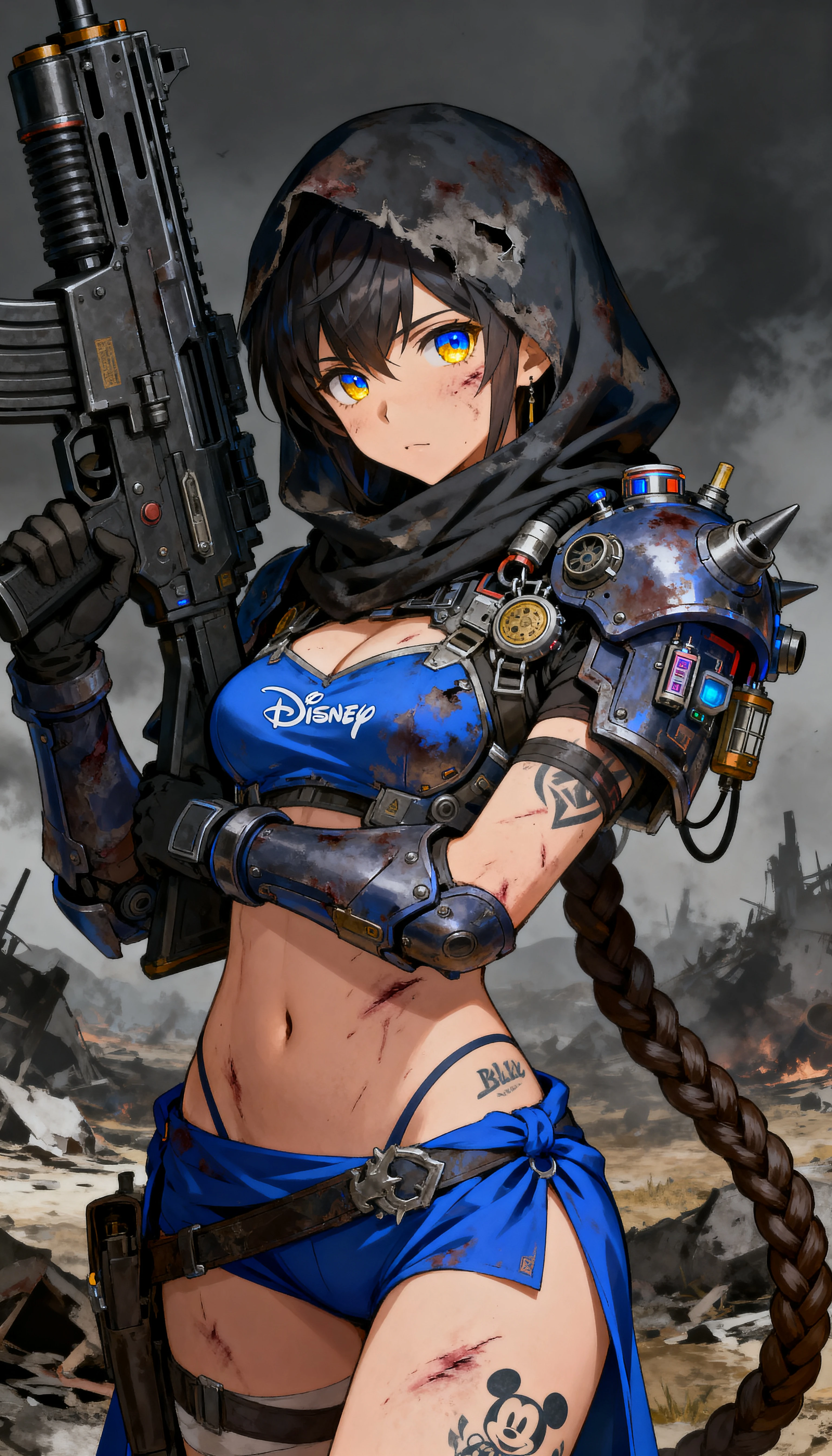 Primer plano de guerrera de anime con cicatrices y tatuajes
