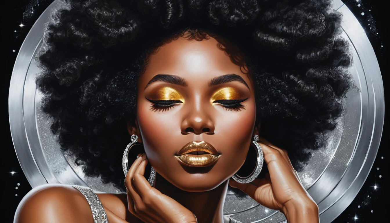 Ritratto Pop Art Luminoso di Donna con Afro di Glitter Argento
