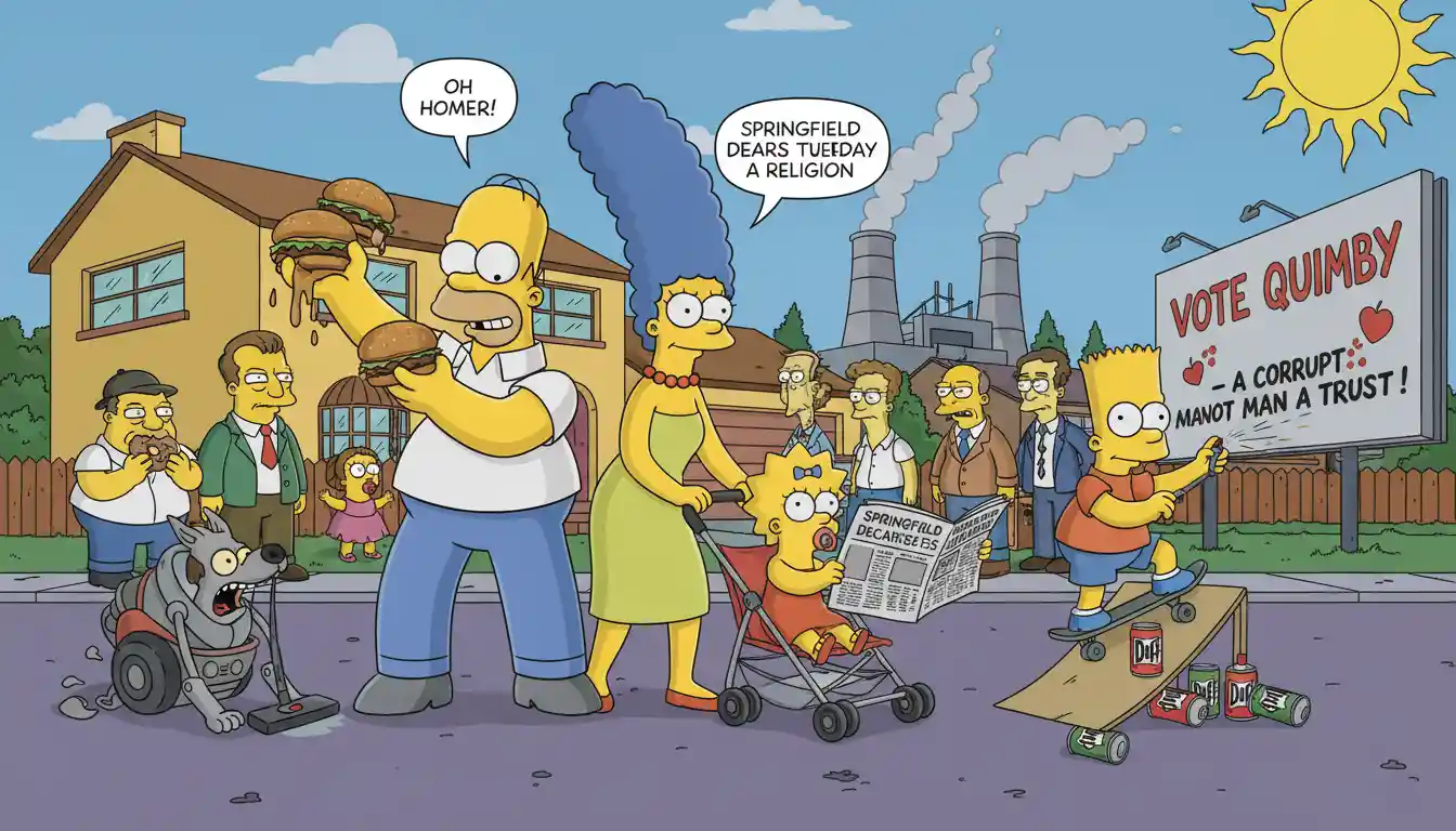 Animated family of five in a quirky suburban town