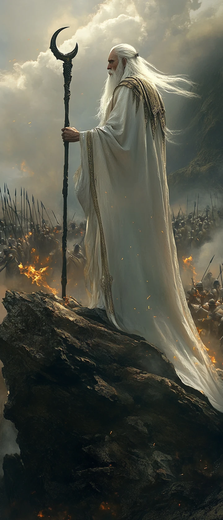Ancient wizard overlooking vast army from crumbling cliff
