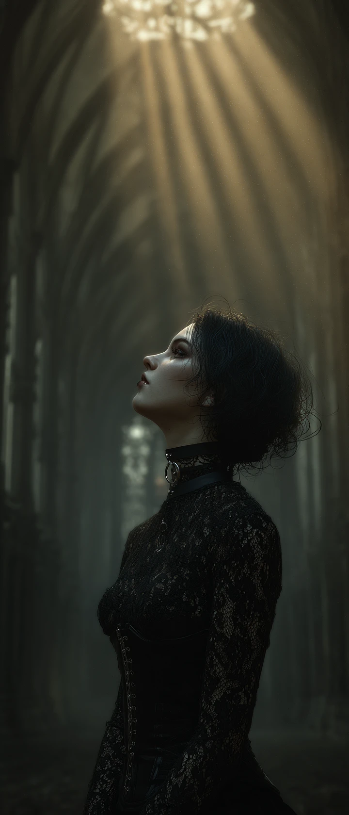 Pale vampire woman in black lace within shadowed cathedral