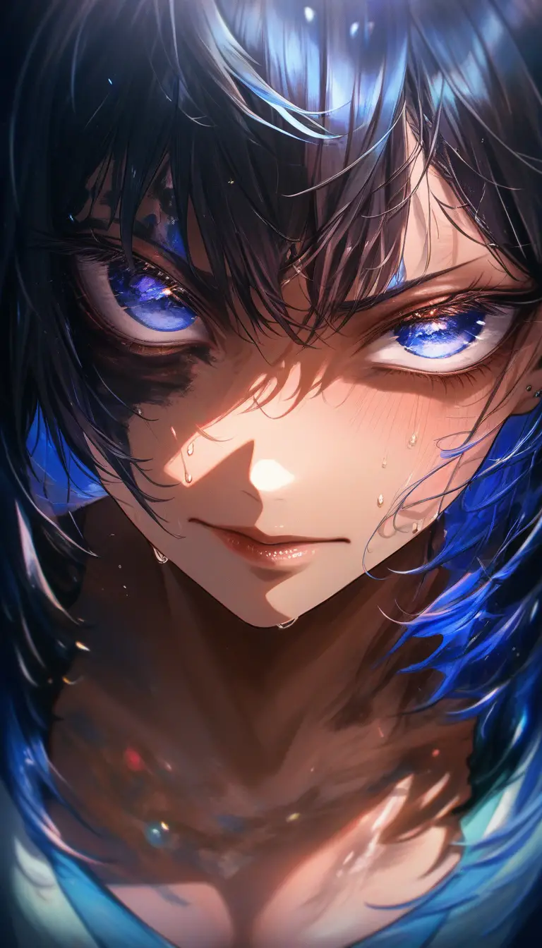 Close up anime girl with anguished blue eyes and shame
