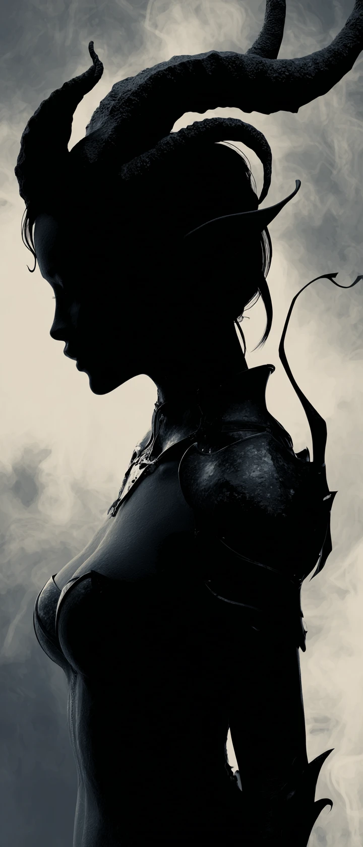 Horned elf woman in open armor standing in dusk mist
