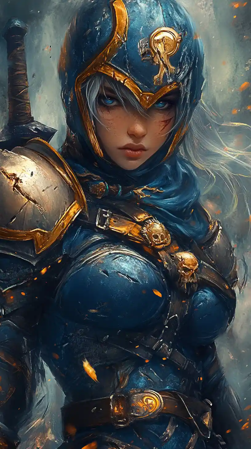 Close up of tattooed anime warrior woman in blue armor