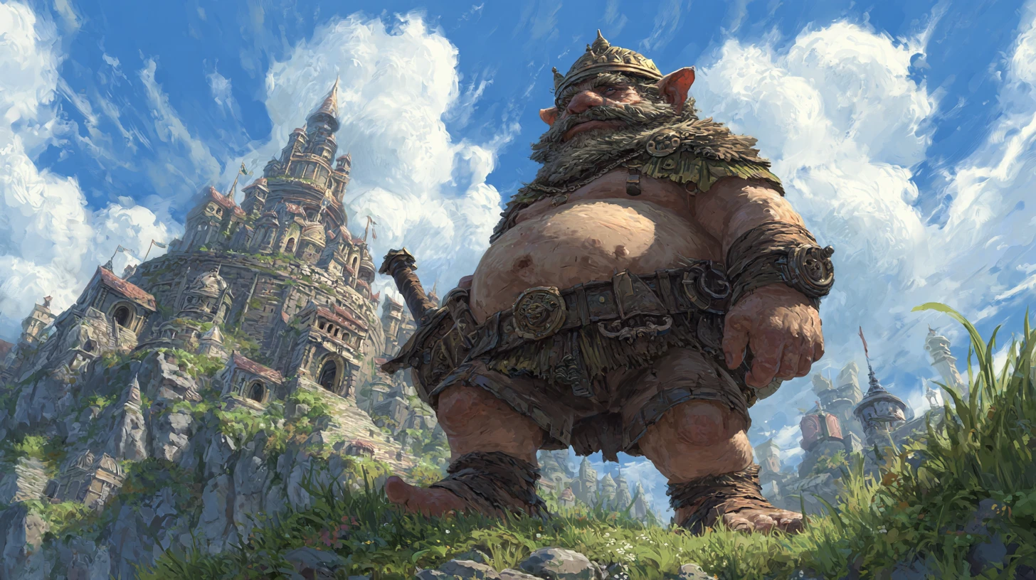 Regal troll king before a colossal fantasy stone castle