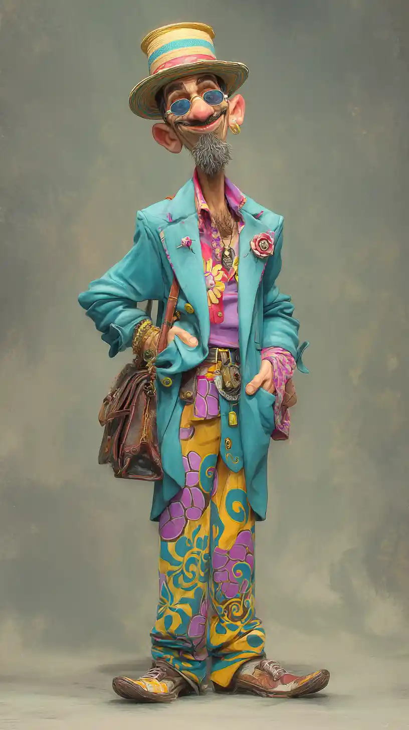 Goofy cartoon character in a vibrant eclectic outfit