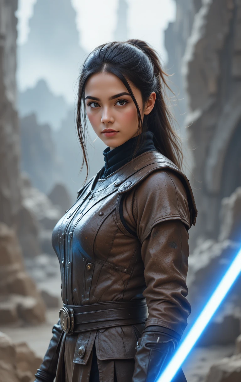 Giovane guerriera Jedi con spada laser blu luminosa