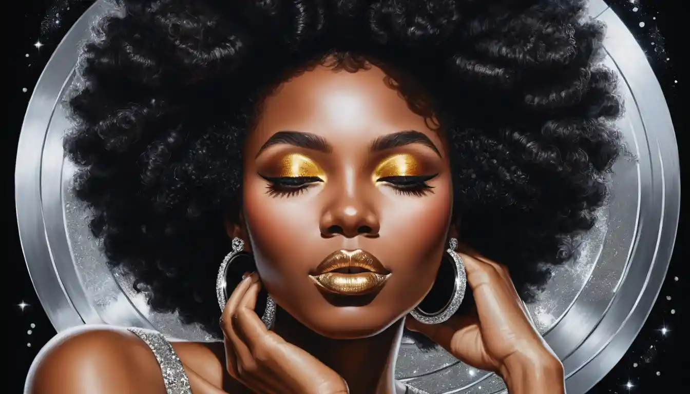 Leuchtendes Pop-Art-Porträt einer Frau mit silbernem Glitzer-Afro