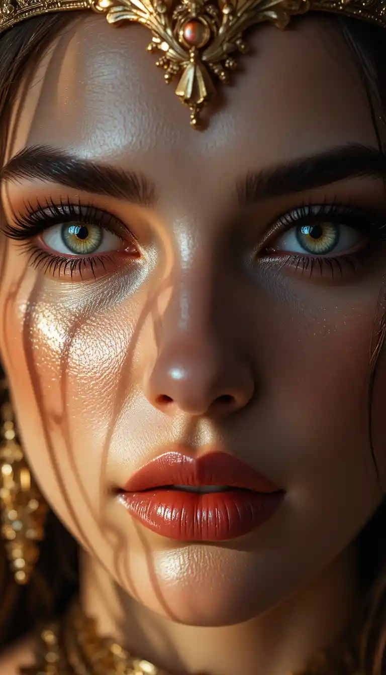 Extreme close up eyes with gold crown jewelry highlights