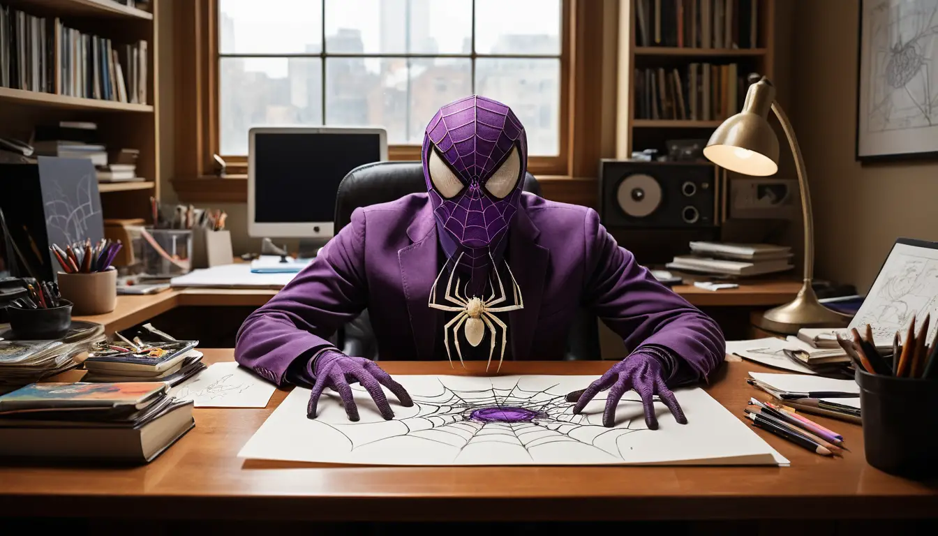 Araña de dibujos animados con heterocromía sobre un escritorio de storyboard