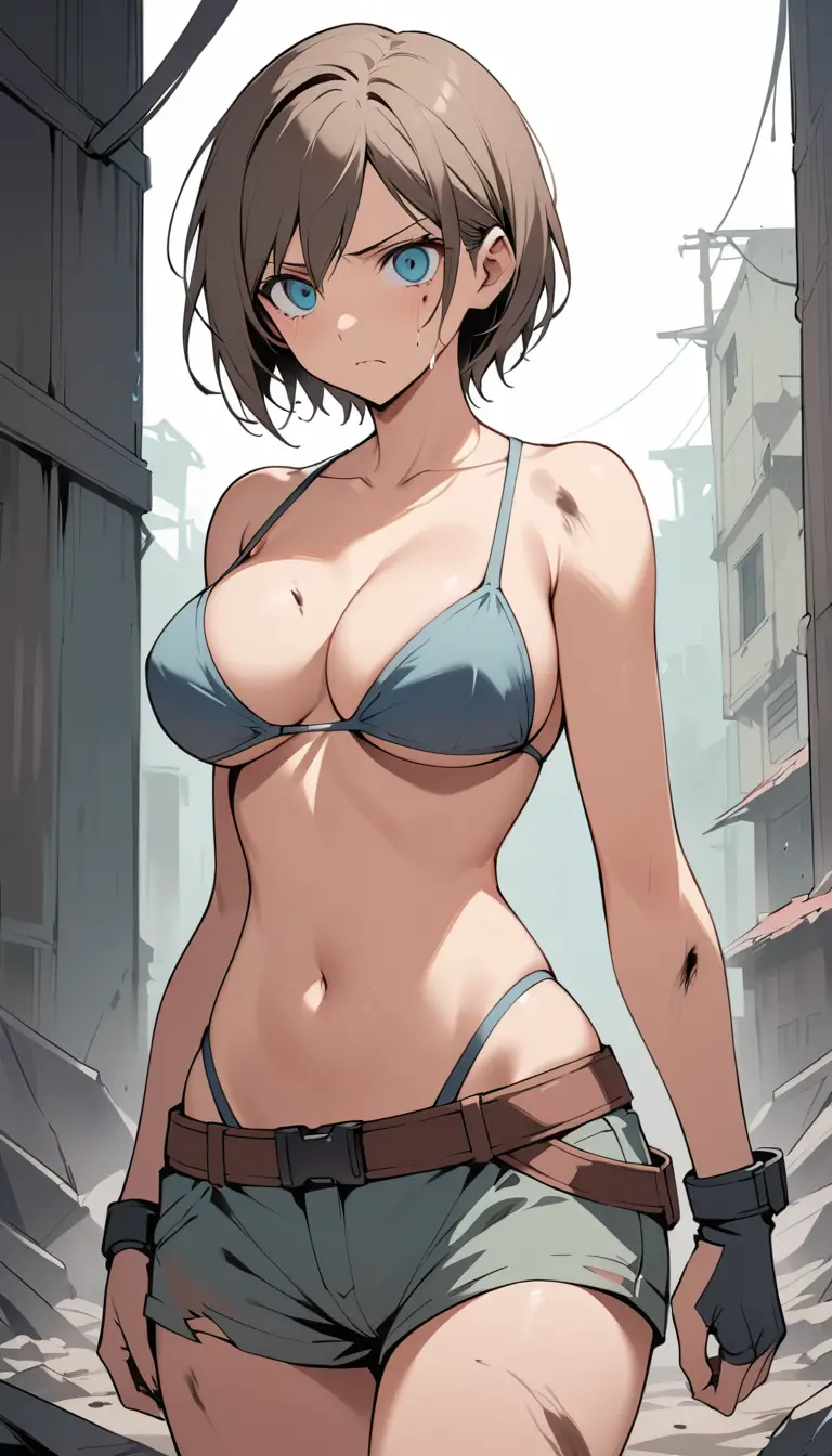 Sad anime woman in torn bikini in ruined interior