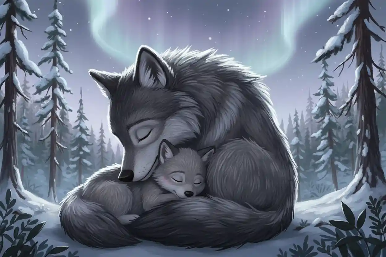 Sleeping wolf pup nestled in mothers fur at twilight