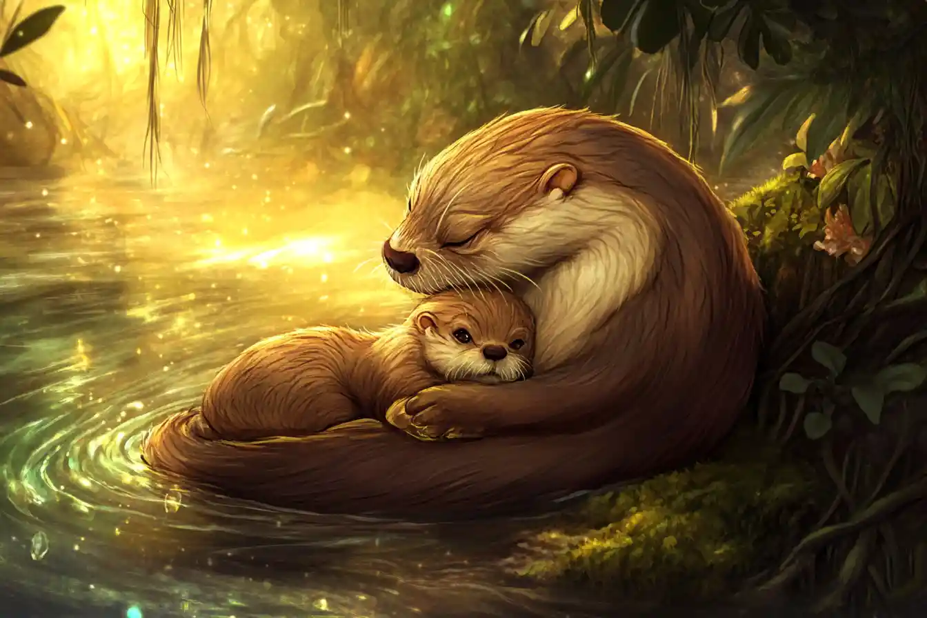 Mother giant otter cradling newborn pup in misty rainforest
