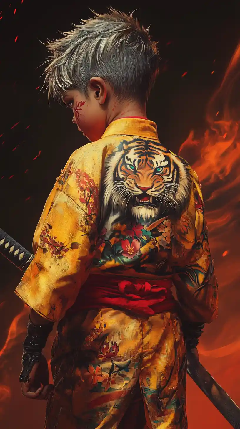 Tattooed boy in yellow kimono holding katana in smoke