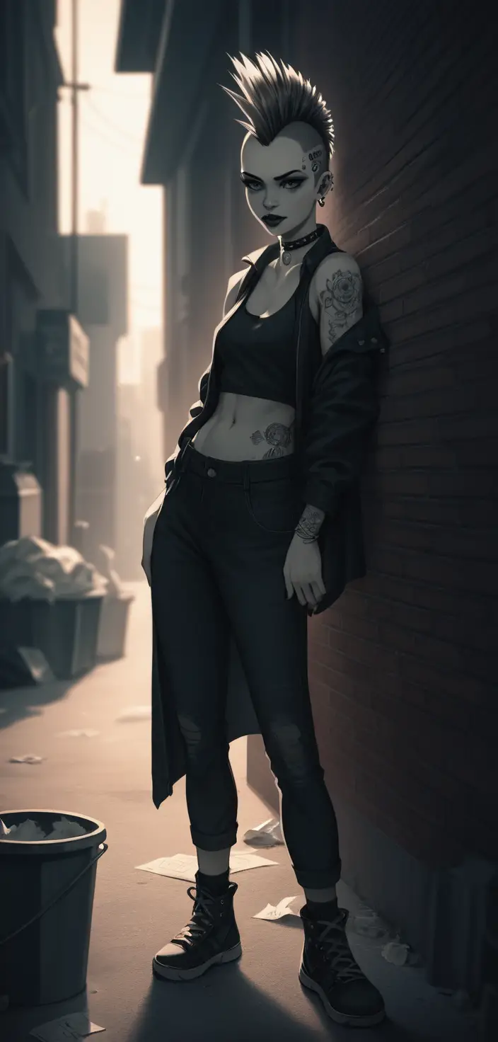 Donna punk in un vicolo da film noir con silhouette in controluce