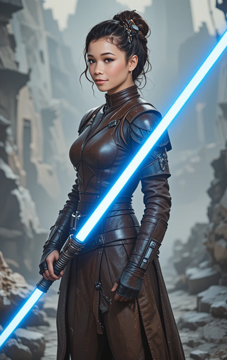 Jeune guerrière Jedi avec sabre laser bleu en armure de combat