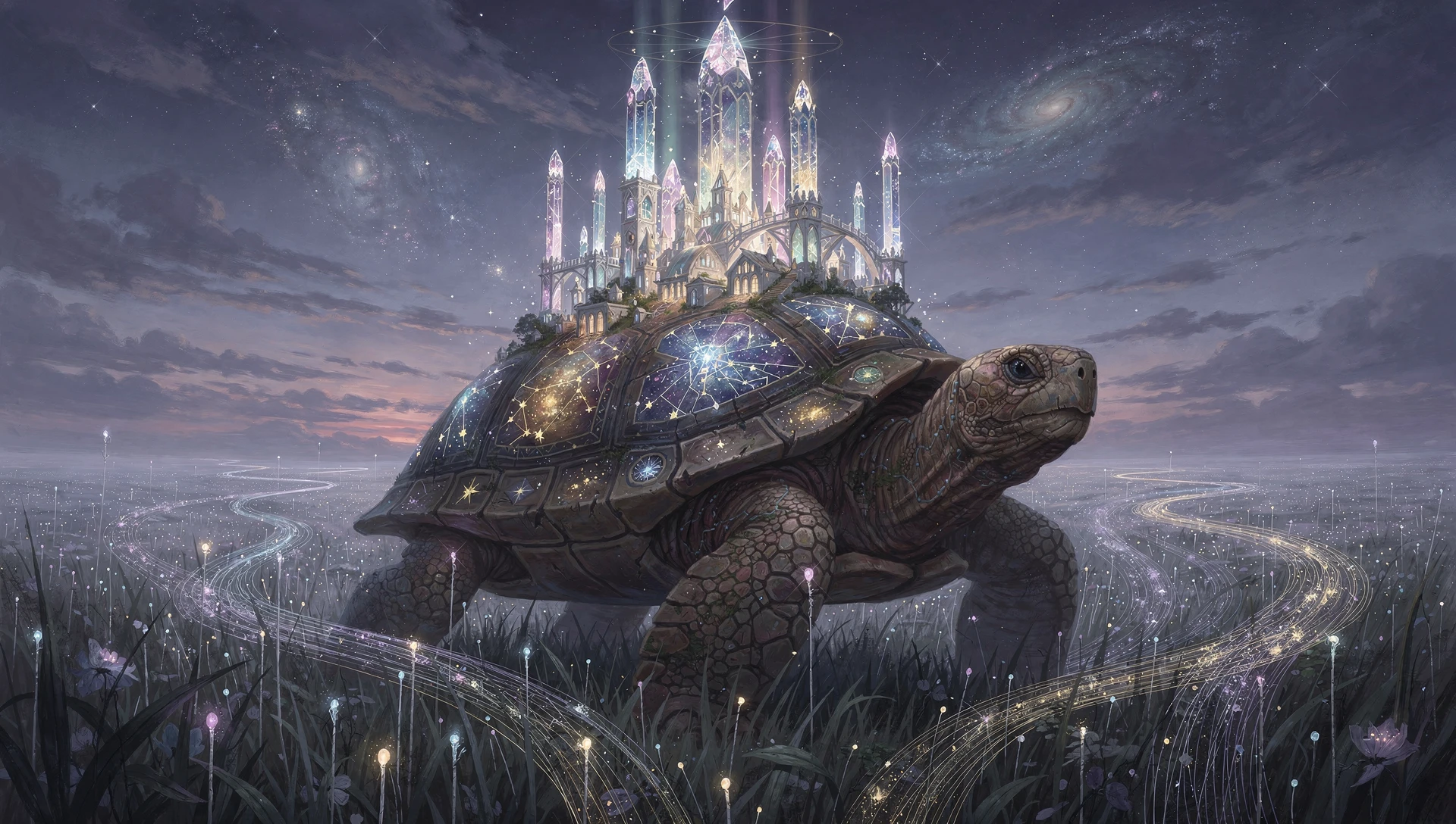 Ancient tortoise carrying a crystal city through twilight meadow