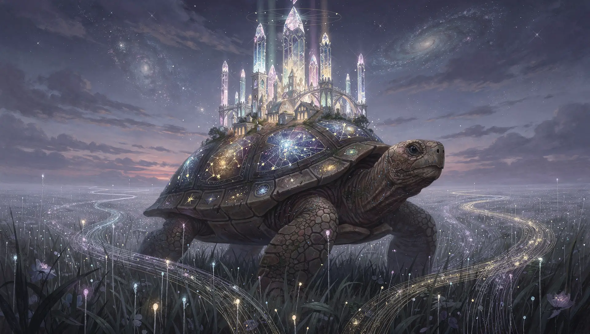 Ancient tortoise carrying a crystal city through twilight meadow