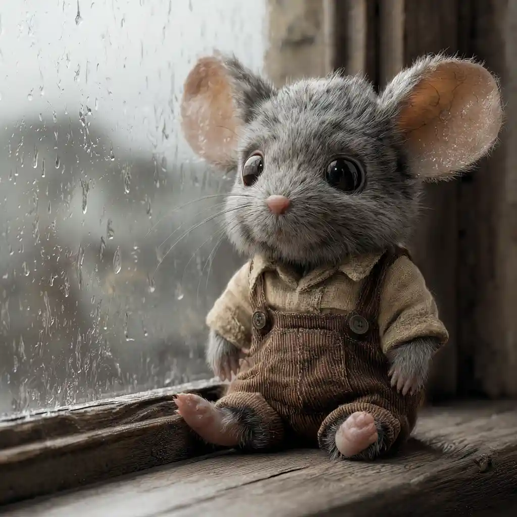 Cute gray mouse on a rainy wooden windowsill