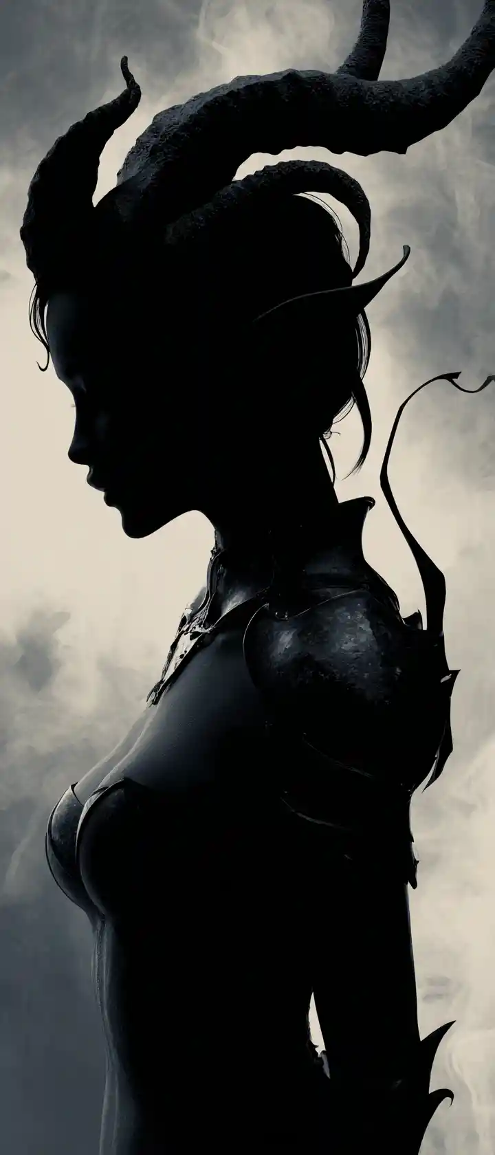 Horned elf woman in open armor standing in dusk mist