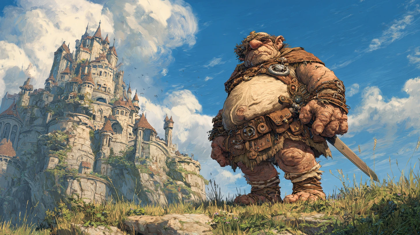 Rey trol regio ante un enorme castillo de roca de fantasía