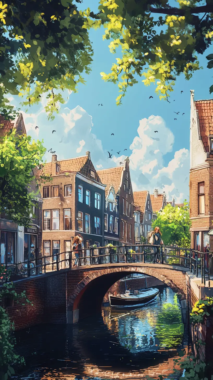 Serene European canal with bridge and passing girl