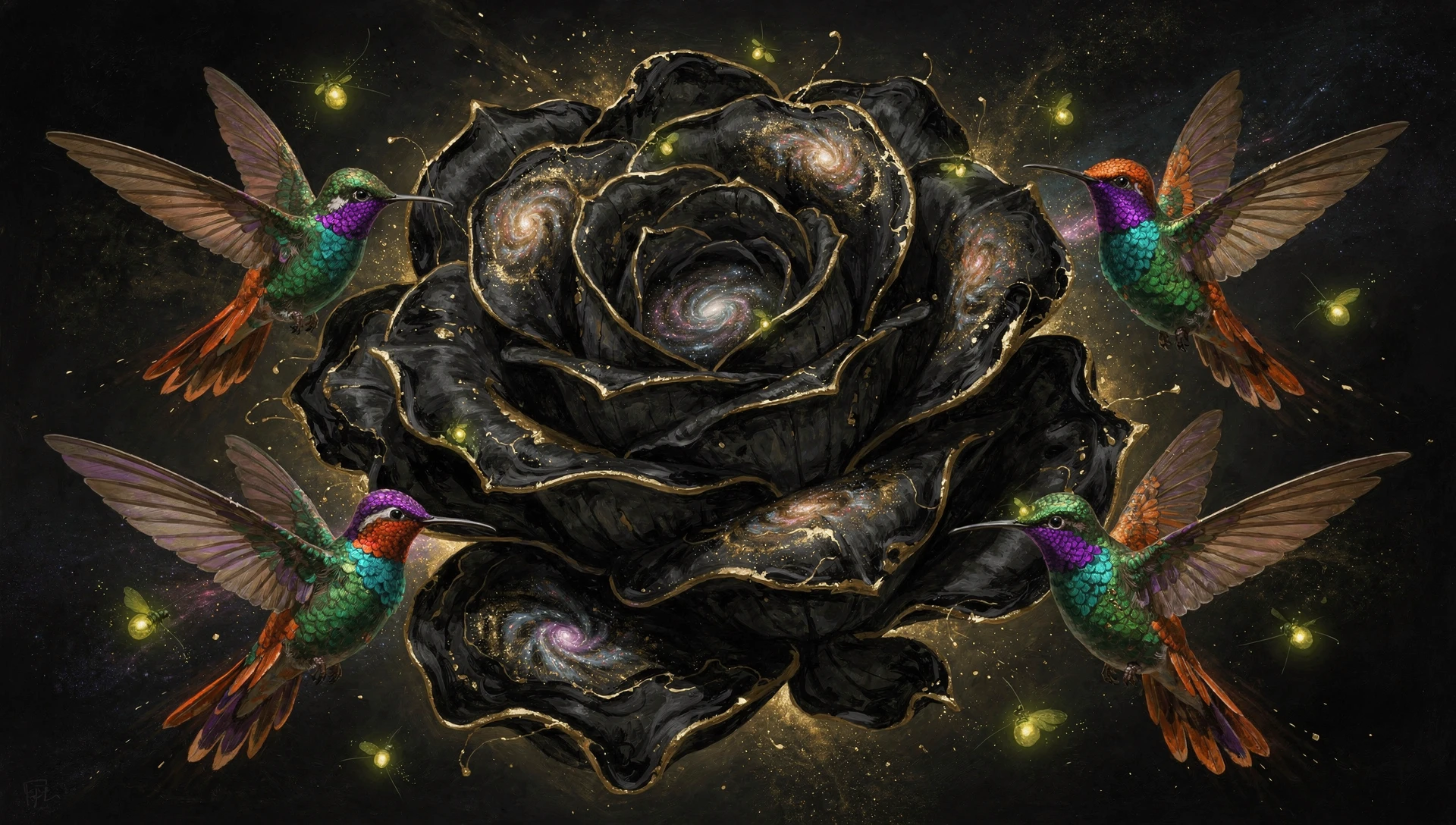 Hummingbirds Hover Around A Cosmic Ink Rose