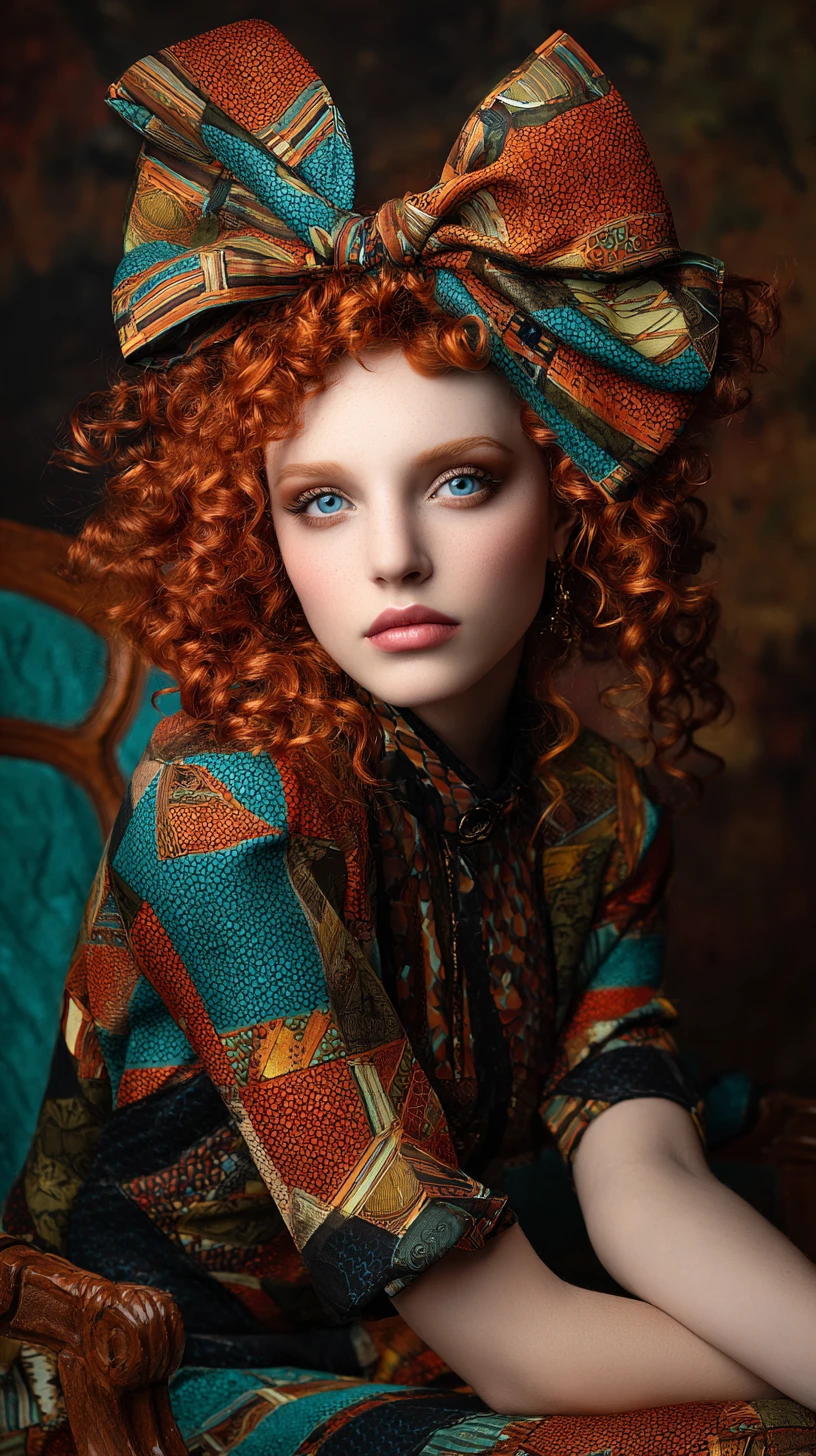 Red haired girl in bow and patchwork dress portrait