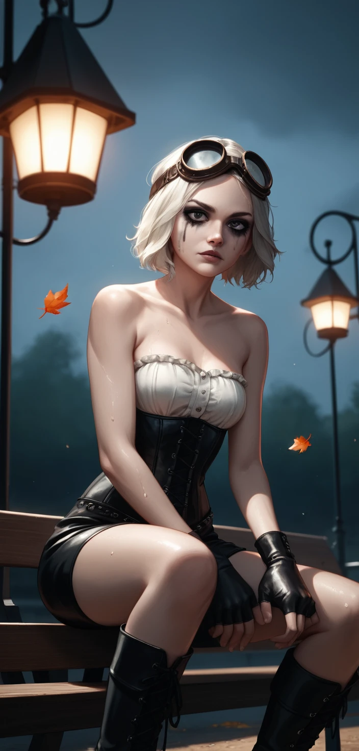 Steampunk-Gothic-Frau auf einer regennassen Spielplatzwippe in der Nacht