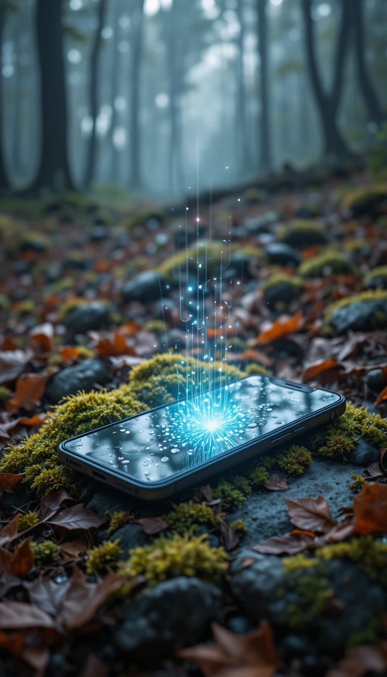 Makroaufnahme eines Smartphones auf moosigem Waldboden mit leuchtendem Display