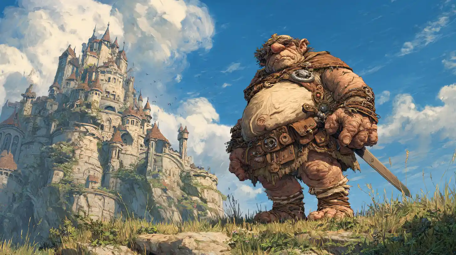 Rey trol regio ante un enorme castillo de roca de fantasía