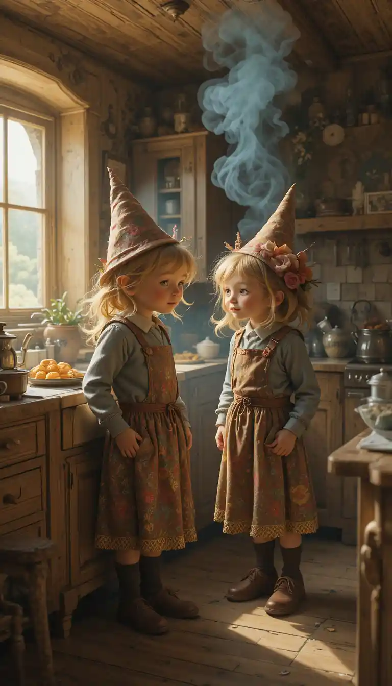 Cheerful halfling twins in a cozy farmhouse kitchen
