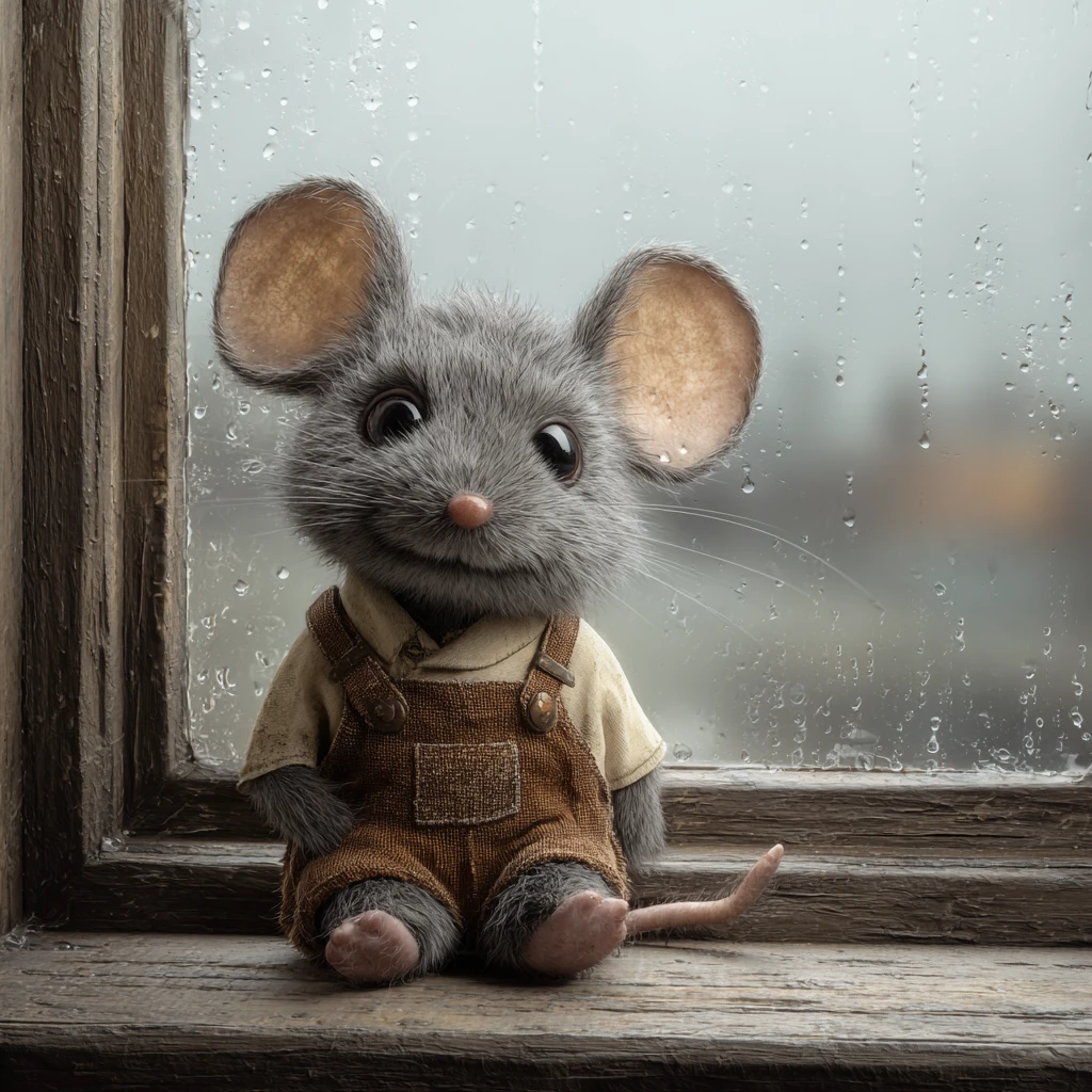 Cute gray mouse on a rainy wooden windowsill