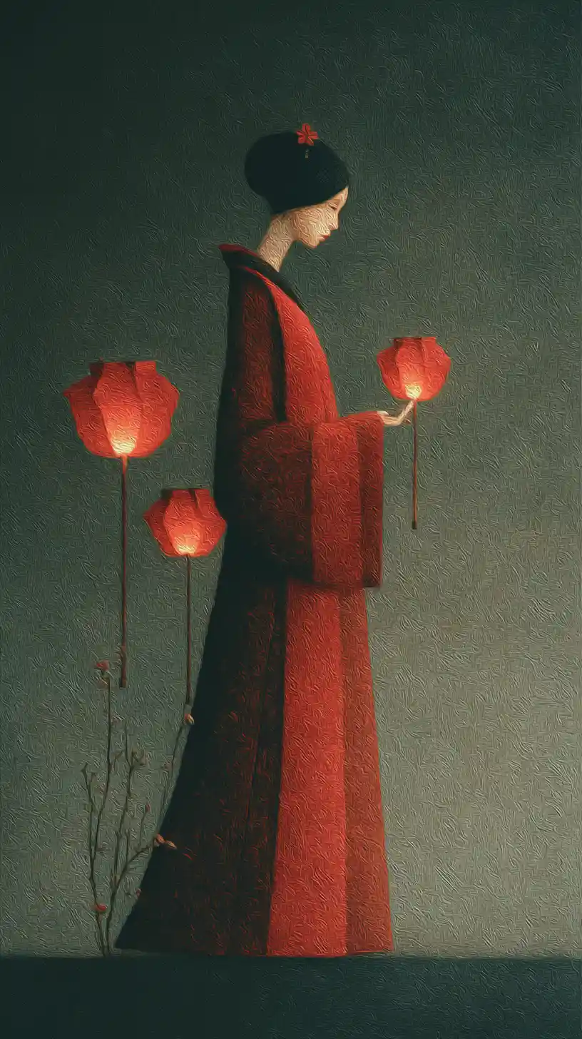 Traditional Chinese bride in red silk with glowing lanterns