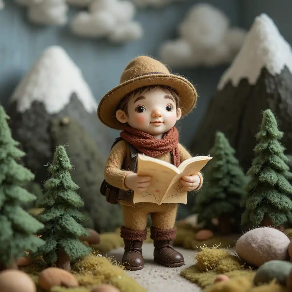 Gefilzte Entdeckerfigur in einem gemütlichen Bergdiorama