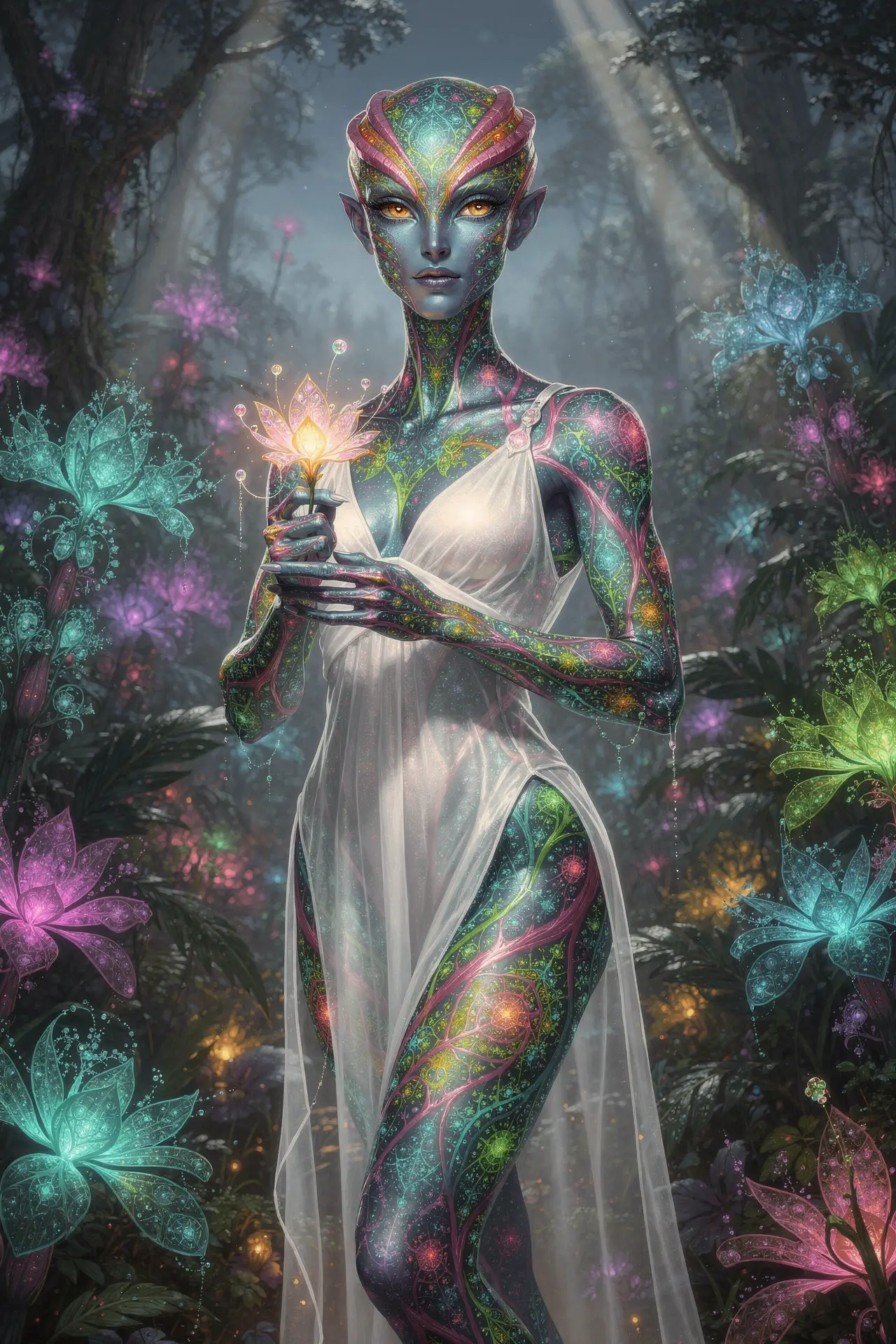 Iridescent alien woman holding glowing flower in jungle