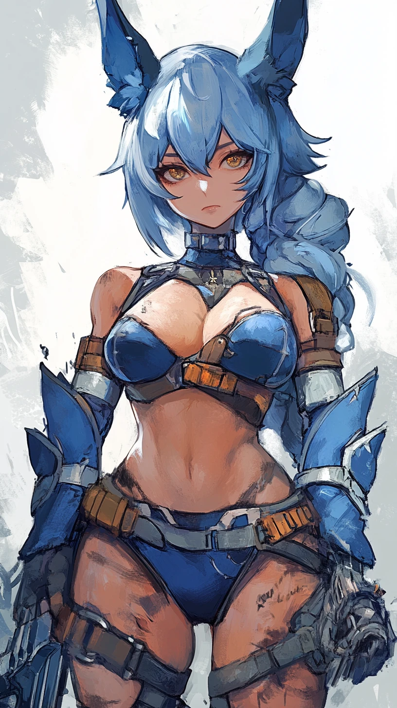 Close up of tattooed anime warrior woman in blue armor