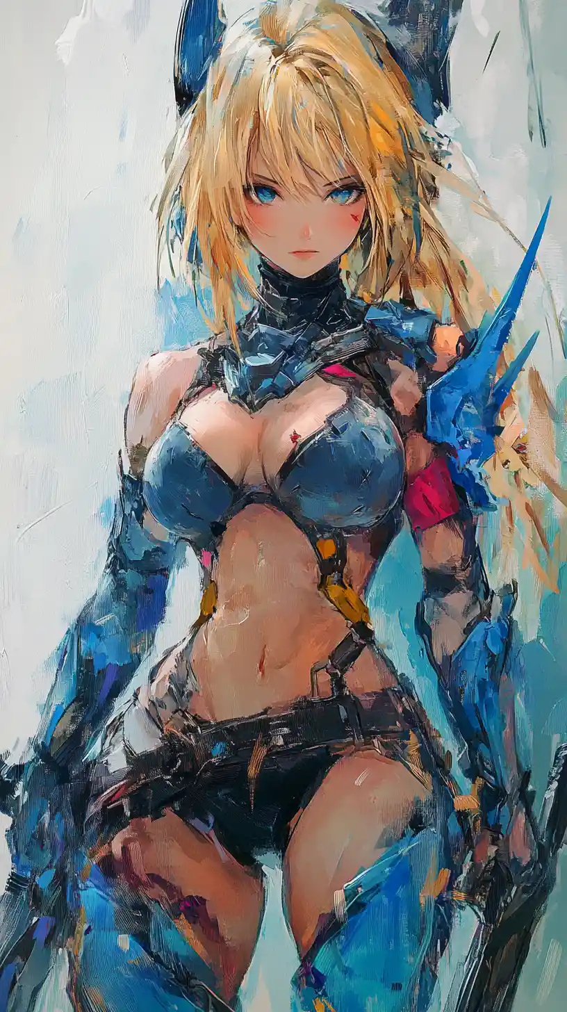 Primer plano de guerrera de anime tatuada con armadura