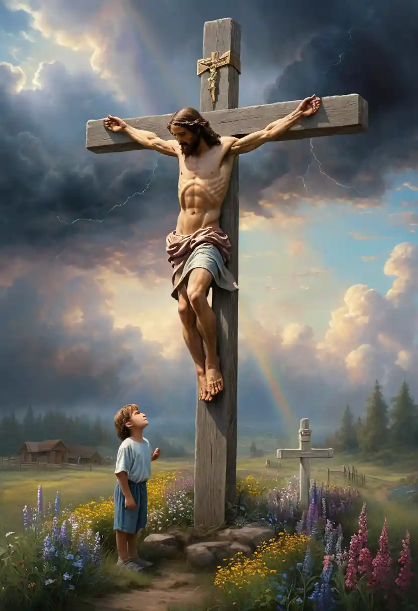 Jesus am Kreuz im Profil mit einem Kind darunter