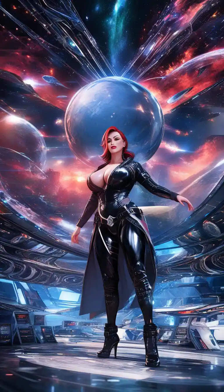 Sci fi dancer in N7 belly dancer suit on space station