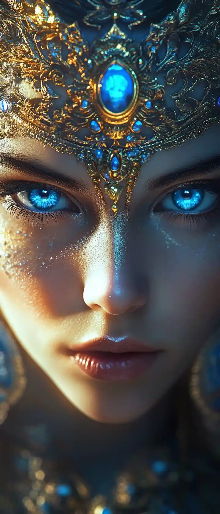 Majestic fantasy goddess close up with sapphire painted face