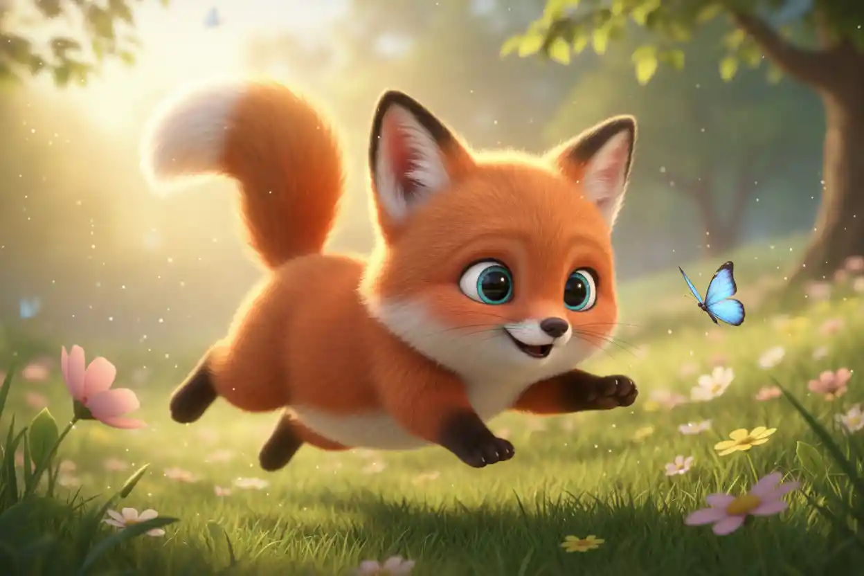 Playful baby fox chasing a butterfly in spring meadow