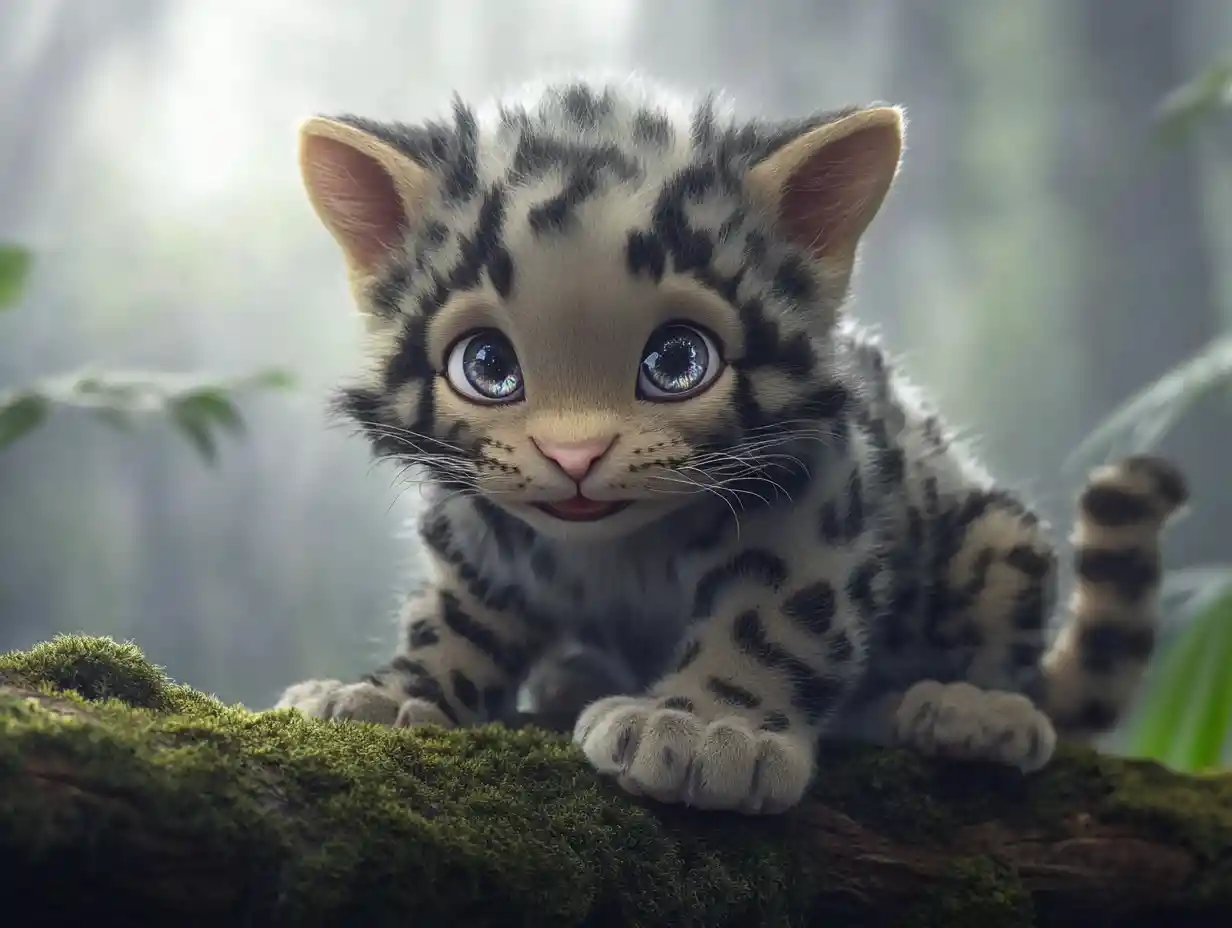 Cucciolo di leopardo nebuloso su ramo muschioso nella foresta pluviale