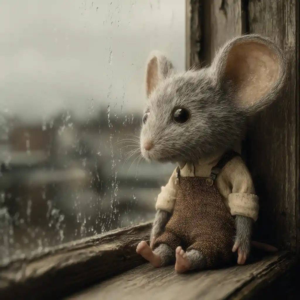 Cute 3D mouse in overalls sitting on a rainy windowsill
