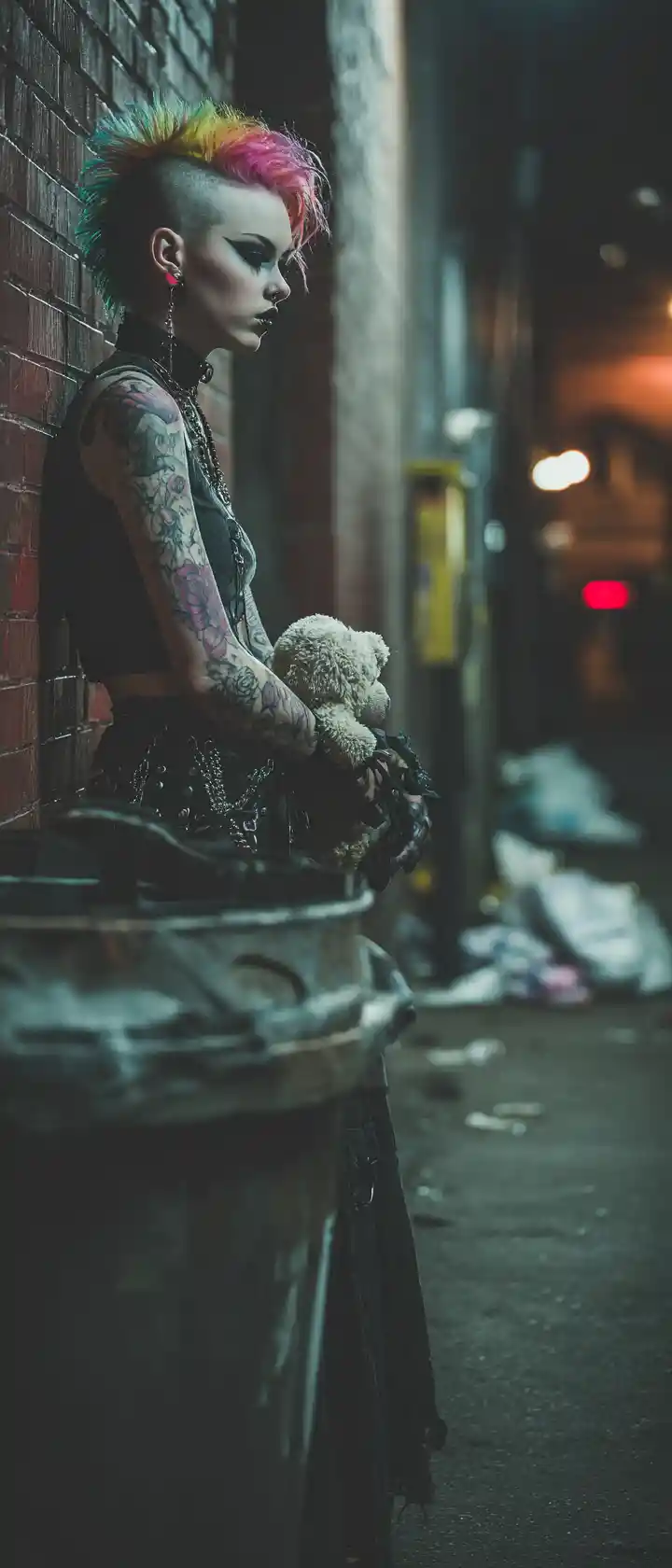 Punk girl with mohawk in moody monochrome alley portrait