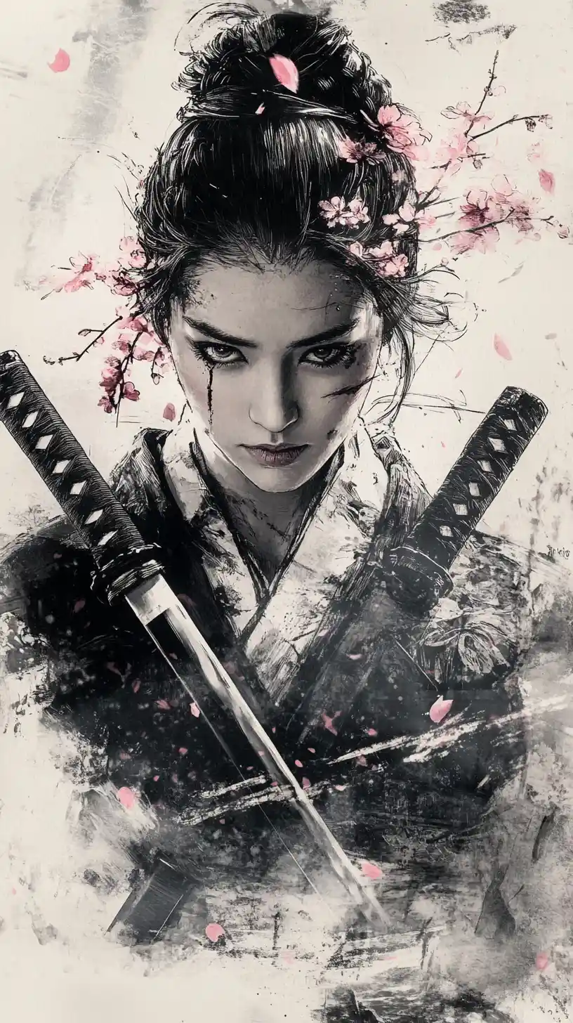 Stoische Samurai-Kriegerin mit Katana und fallender Träne