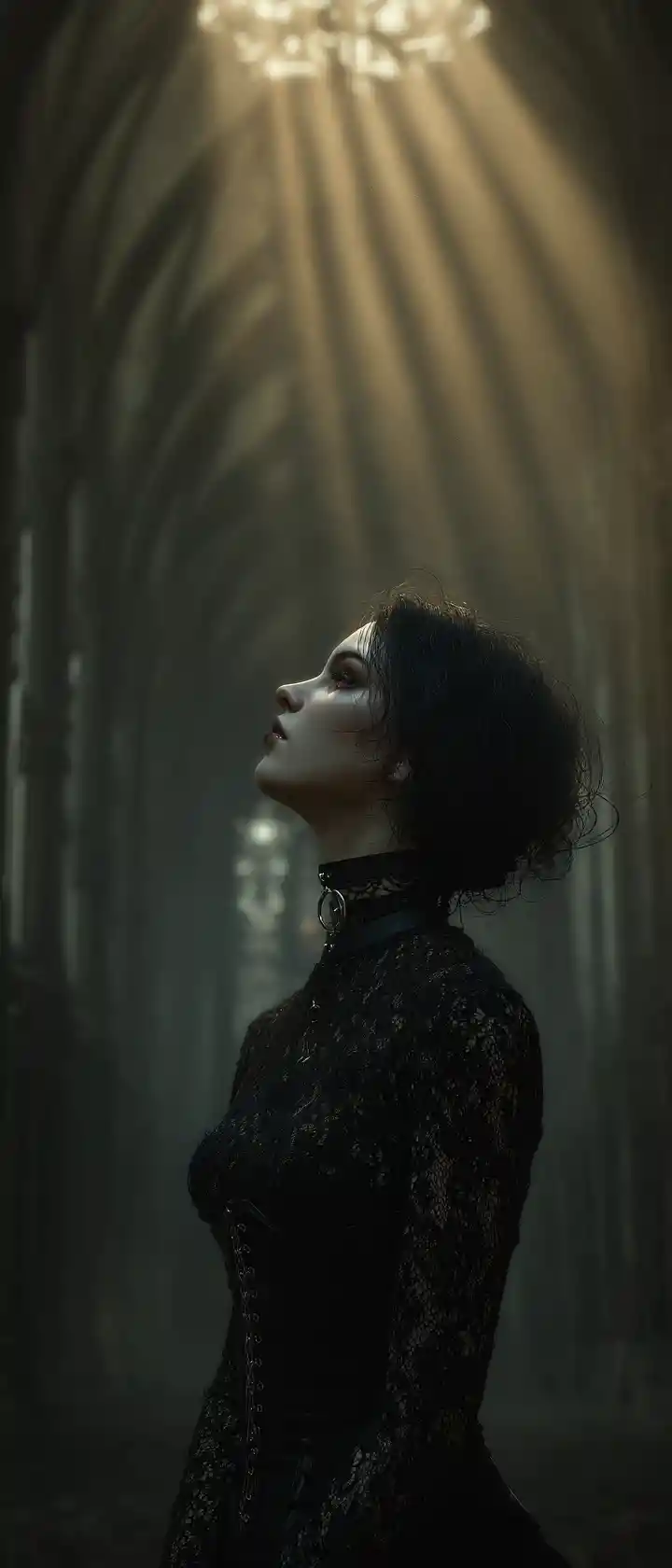 Pale vampire woman in black lace within shadowed cathedral