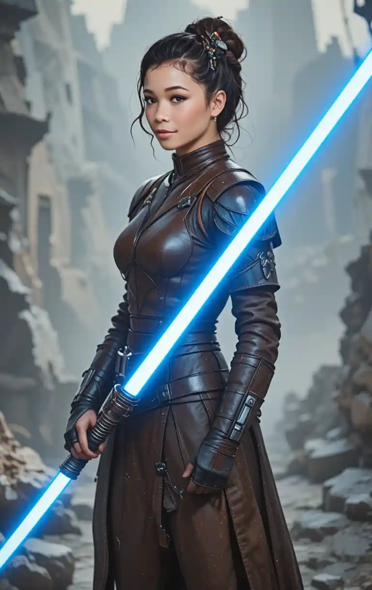 Joven guerrera Jedi con sable de luz azul y armadura de batalla