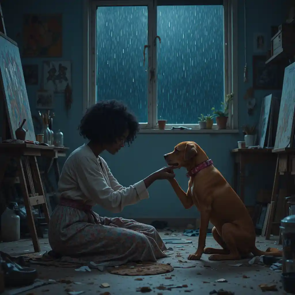Mulher chorando é confortada por cachorro em estúdio de arte silencioso à noite