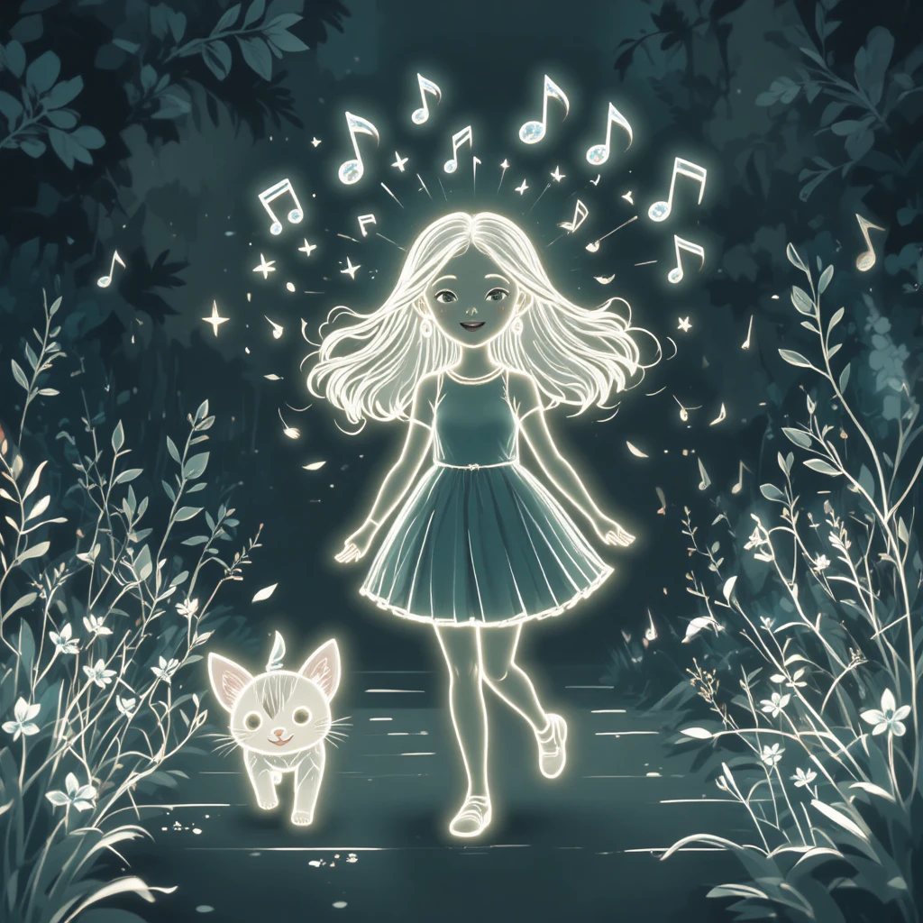 Smiling girl walking with headphones and a glowing cat